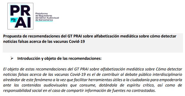 Propuesta de recomendaciones del GT PRAI sobre alfabetización mediática sobre cómo detectar noticias falsas acerca de las vacunas Covid-19