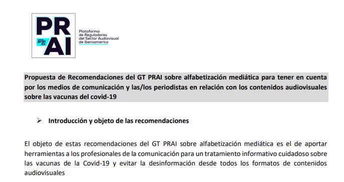 Propuesta de Recomendaciones del GT PRAI sobre alfabetización mediática para tener en cuenta por los medios de comunicación y las/los periodistas en relación con los contenidos audiovisuales sobre las vacunas del covid-19