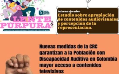 Publicaciones de la CRC: Estudio sobre las representaciones sociales en TV; Guía Lente Púrpura contra la violencia de género, y medidas para el acceso a los contenidos de TV de la población con discapacidad auditiva